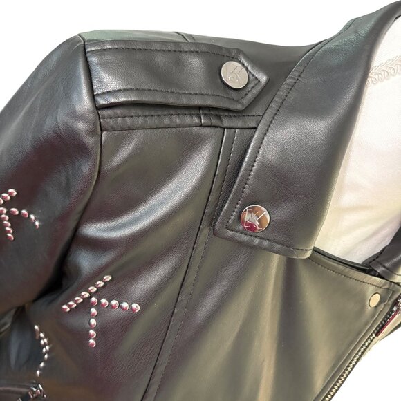 Karl Lagerfeld Paris Black Faux Leather Studded Moto Jacket Logo Detailing SizeS - Picture 10 of 16